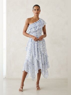 steele. Rivera One Shoulder Ruffle Midi Dress Blue White Toile Floral Small S